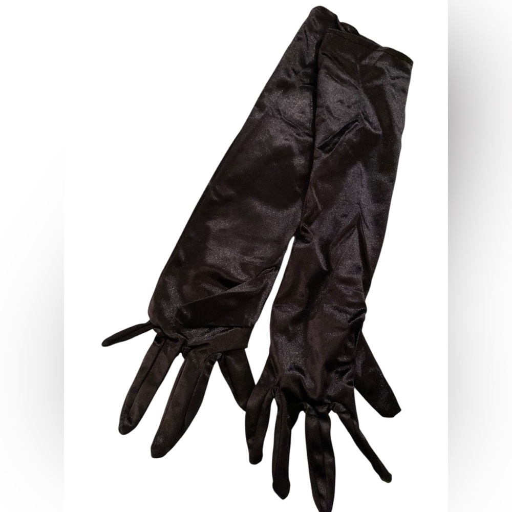 Black Satin Opera Gloves with Ruffled Cuff